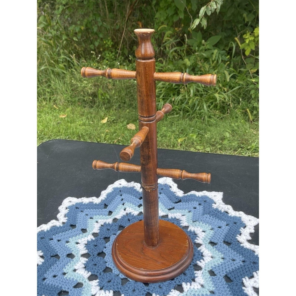 Vintage Wooden Mug Tree Coffee Cup Holder 6 Peg